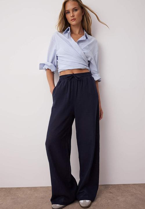 Trendyol - Linen Look Wide Leg Pant - Navy Blue