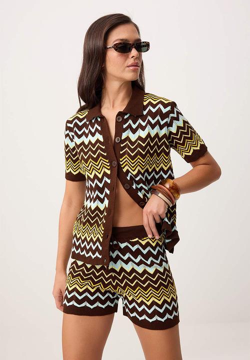 Trendyol - Color Block Shirt-Blouse Knitwear Bottom - Top Set - Brown