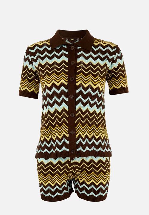 Trendyol - Color Block Shirt-Blouse Knitwear Bottom - Top Set - Brown