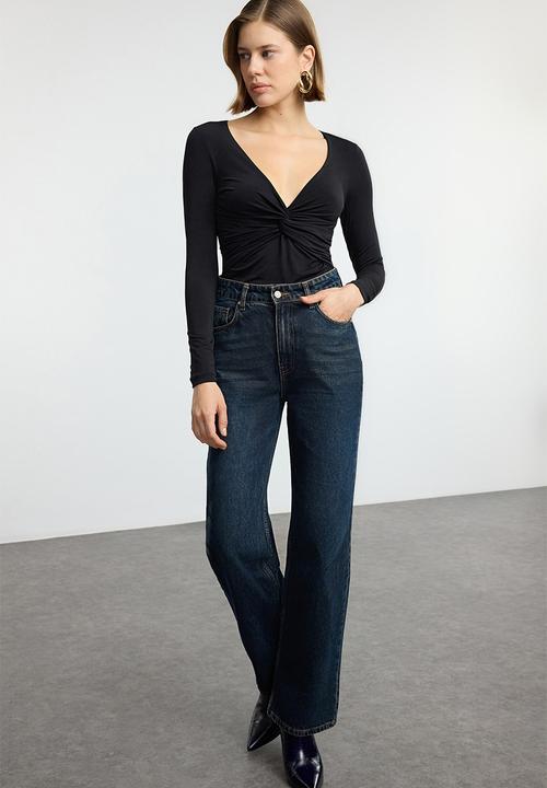 Trendyol - Long Sleeve Drape Detail Blouse - Black