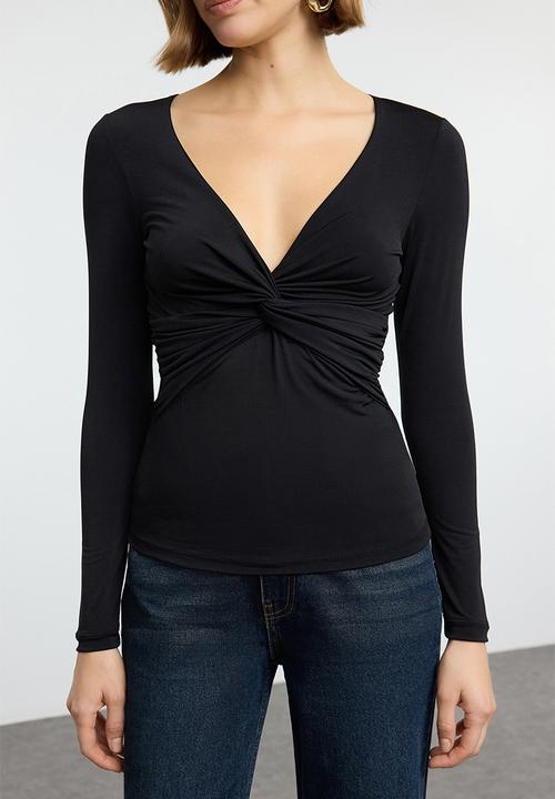 Trendyol - Long Sleeve Drape Detail Blouse - Black