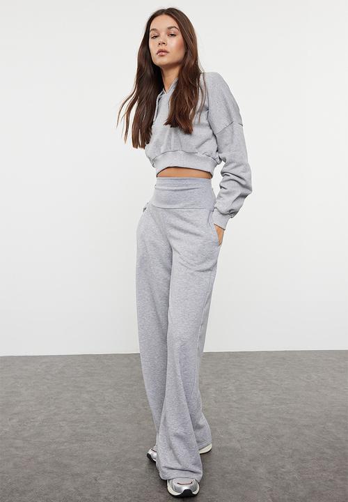 Trendyol - High Waist Wide Leg Trousers - Gray