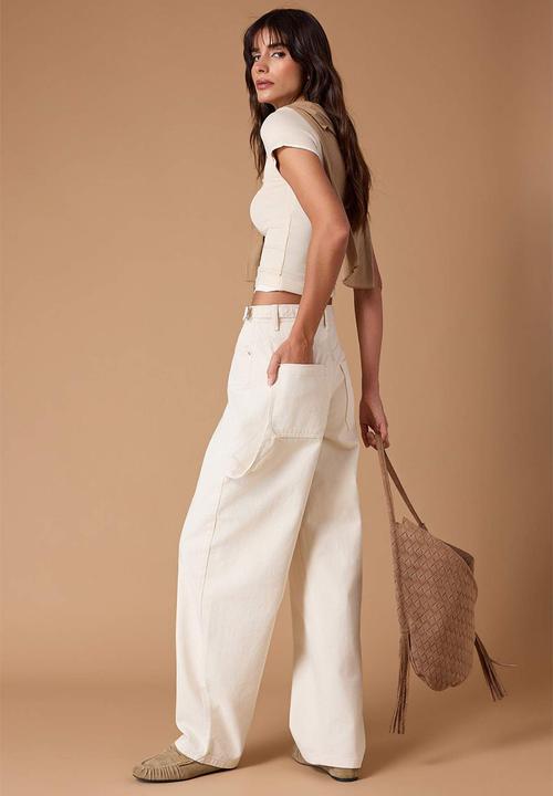 Trendyol - High Waist Carpenter Baggy Jeans - Ecru