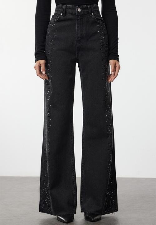 Trendyol - High Waist Wide Leg Jeans with Stone Detail - Black