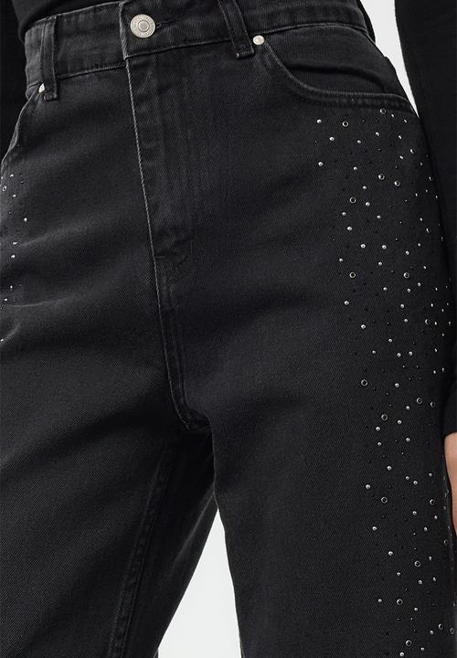 Trendyol - High Waist Wide Leg Jeans with Stone Detail - Black