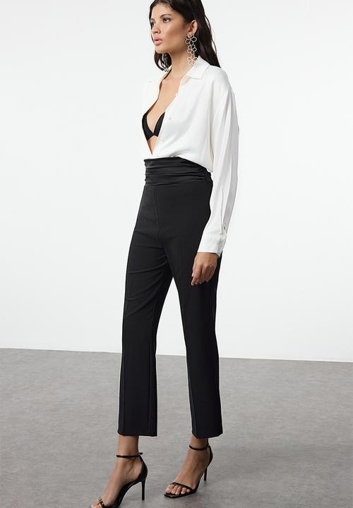 Trendyol - Satin Trousers with Ribbed Stripe Detail - Black
