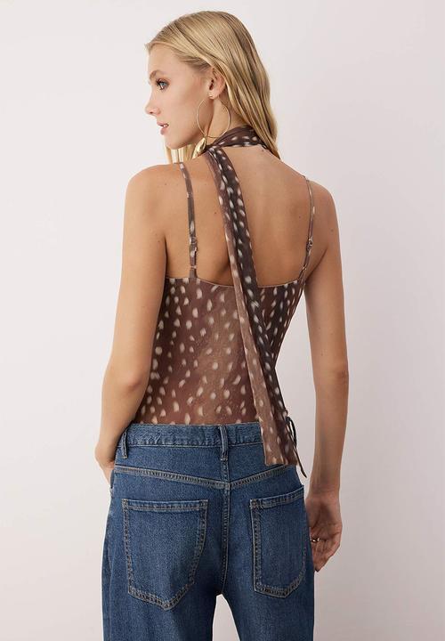 Trendyol - Animal Collar Strap Knitted Tulle - Brown-Multicolor