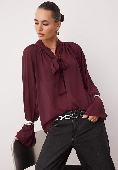 Trendyol - Halter Neck Unlined Sheer Blouse - Dark Burgundy
