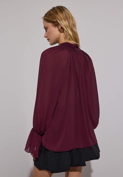 Trendyol - Halter Neck Unlined Sheer Blouse - Dark Burgundy