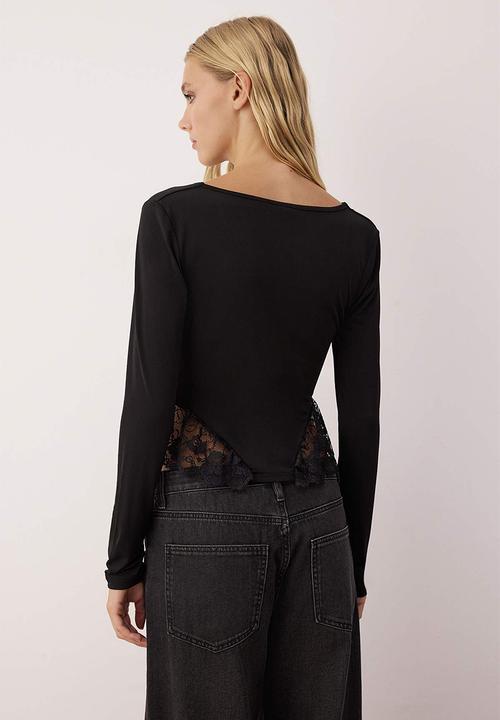 Trendyol - Square Collar Lace Garnished Knitted Blouse - Black