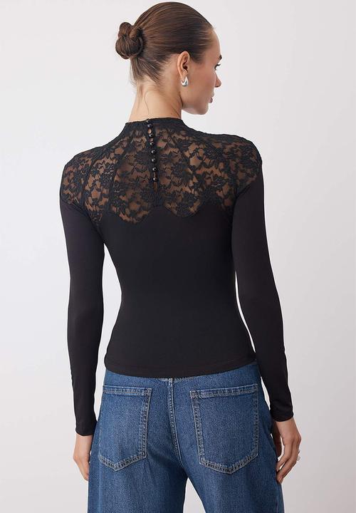 Trendyol - Stand Collar Lace Detailed Knitted Blouse - Black