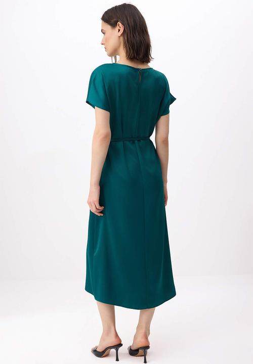Trendyol - Belted Straight Midi Woven Dress - Emerald Green