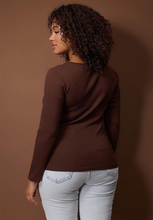 Trendyol - Plus Ribbed Knit Knitted Blouse - Dark Brown