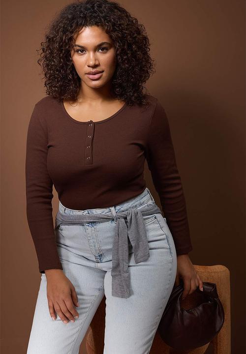 Trendyol - Plus Ribbed Knit Knitted Blouse - Dark Brown