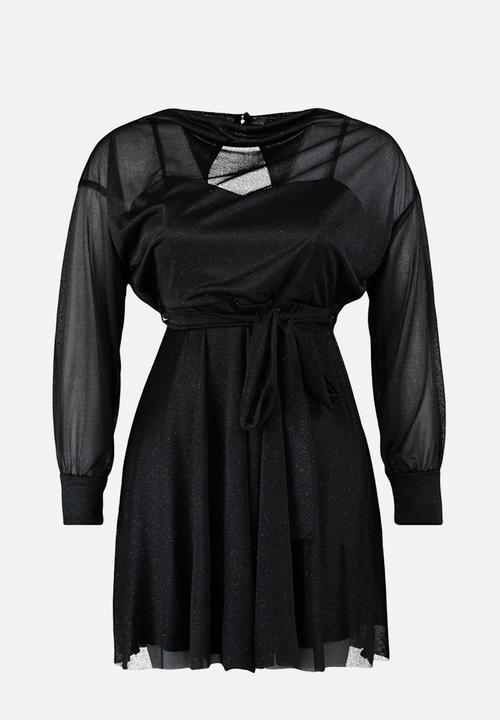Trendyol - Plus Open Waist/Skater Silvery Mini Knitted Dress - Black