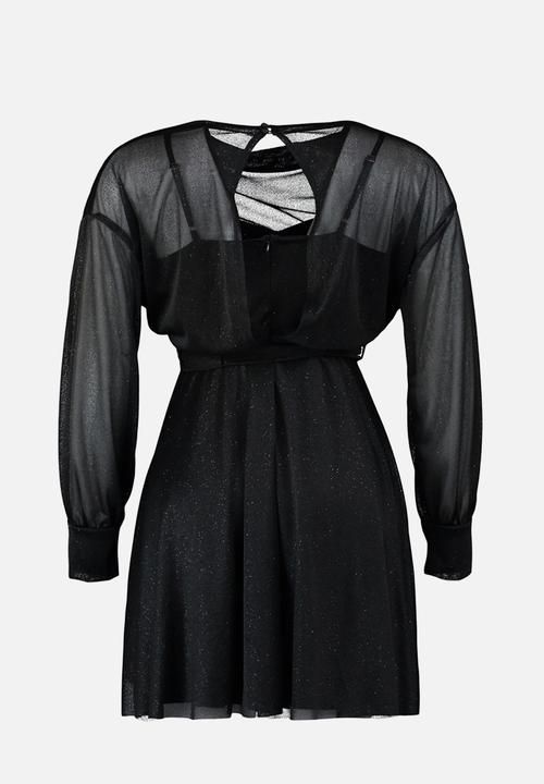 Trendyol - Plus Open Waist/Skater Silvery Mini Knitted Dress - Black