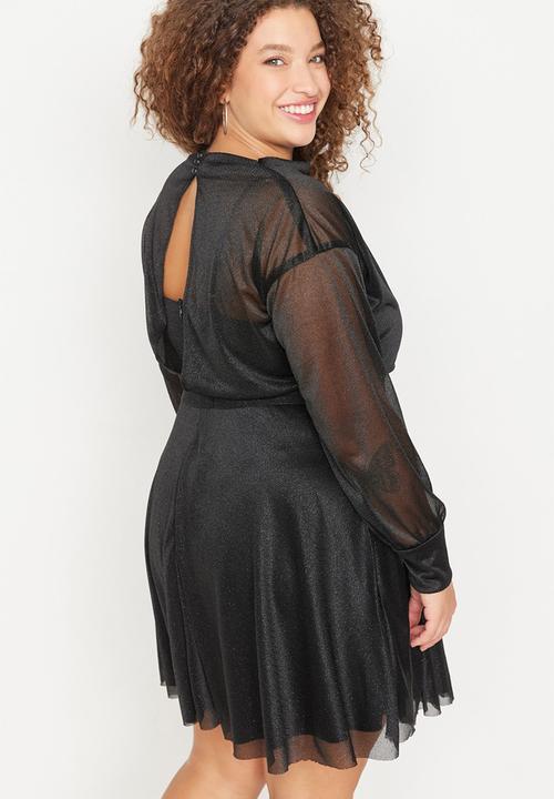 Trendyol - Plus Open Waist/Skater Silvery Mini Knitted Dress - Black