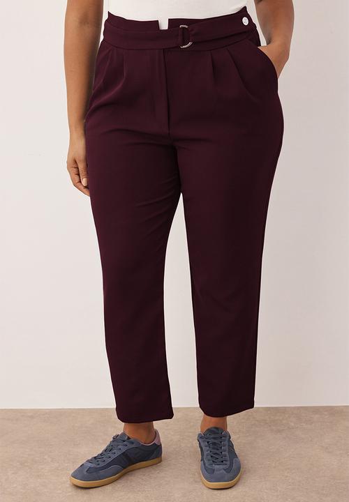 Trendyol - Plus Waist Adjustable Belt Woven Fabric Pants - Plum