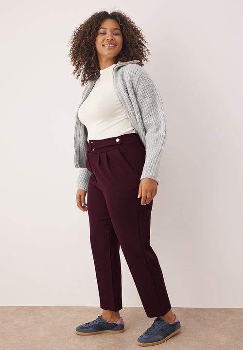 Trendyol - Plus Waist Adjustable Belt Woven Fabric Pants - Plum