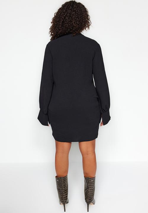 Trendyol - Plus Shirt Collar Double Breasted Mini Dress Long Sleeve - Black