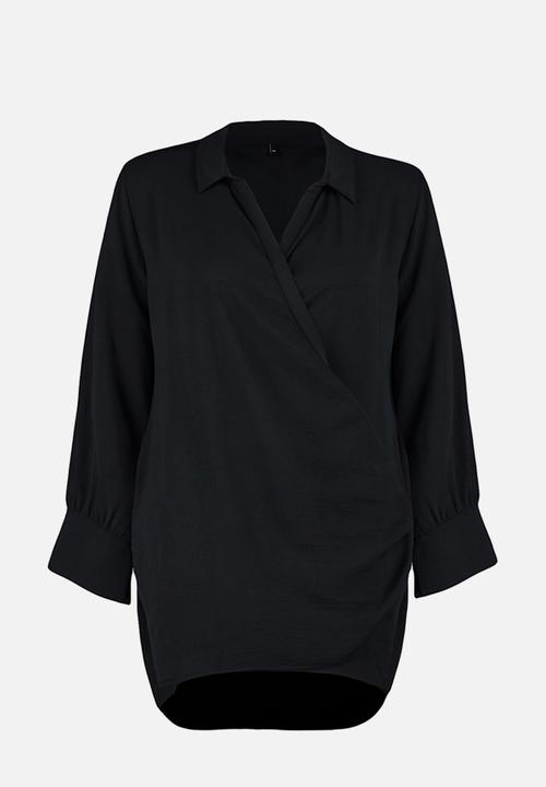 Trendyol - Plus Shirt Collar Double Breasted Mini Dress Long Sleeve - Black