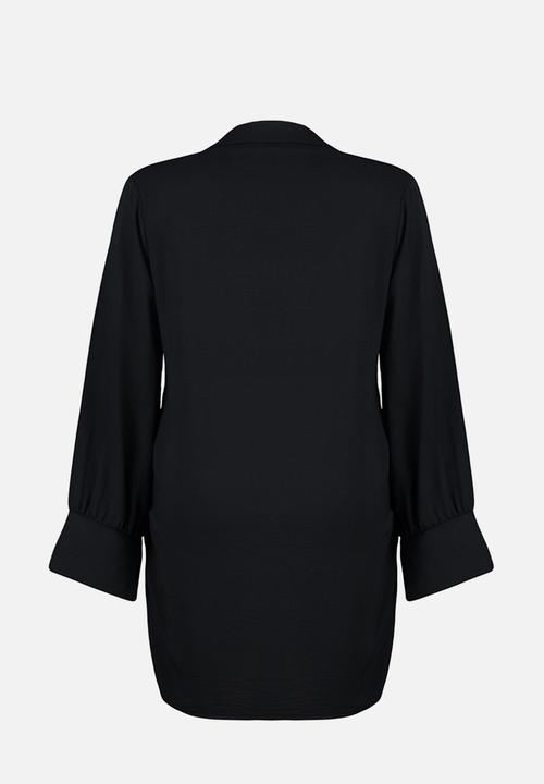 Trendyol - Plus Shirt Collar Double Breasted Mini Dress Long Sleeve - Black