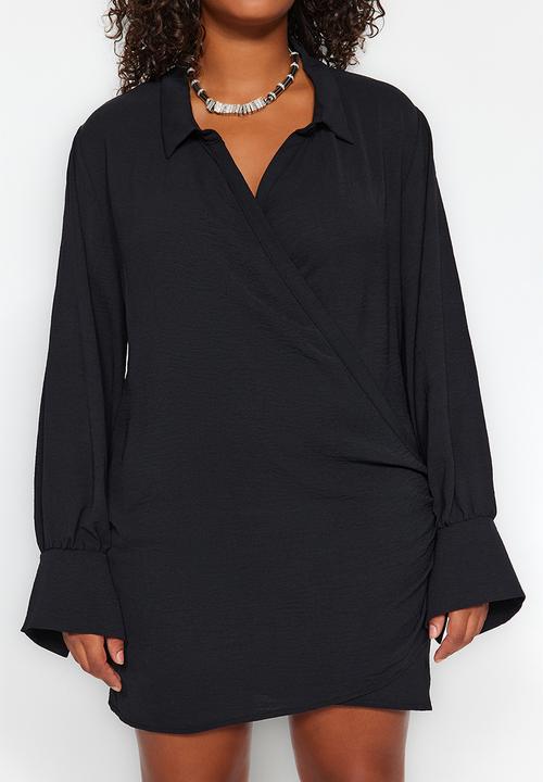 Trendyol - Plus Shirt Collar Double Breasted Mini Dress Long Sleeve - Black