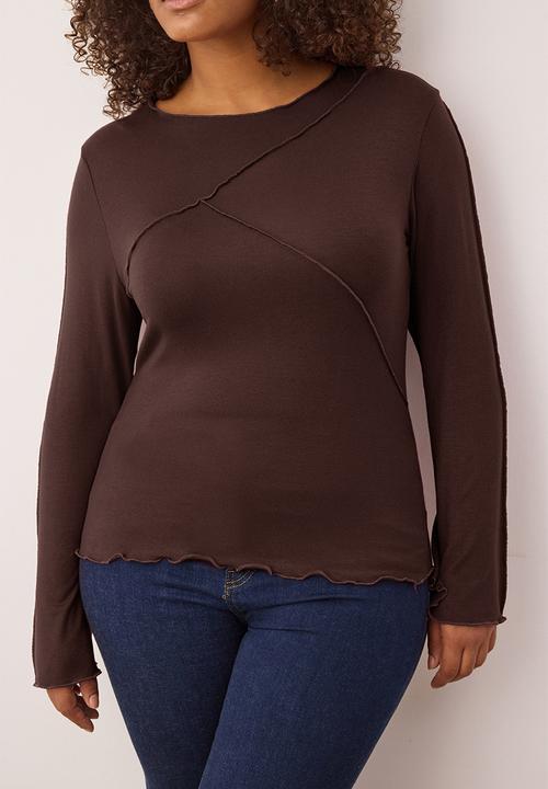 Trendyol - Plus Soft Fabric Ribbed Detail Spanish Sleeve Knitted Blouse - Brown