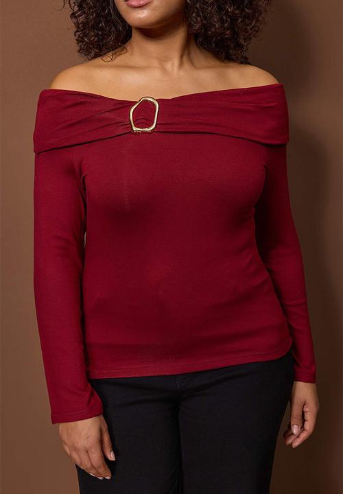 Trendyol - Plus Viscose Soft Fabric Bodycon Carmen Collar Knitted Blouse - Red