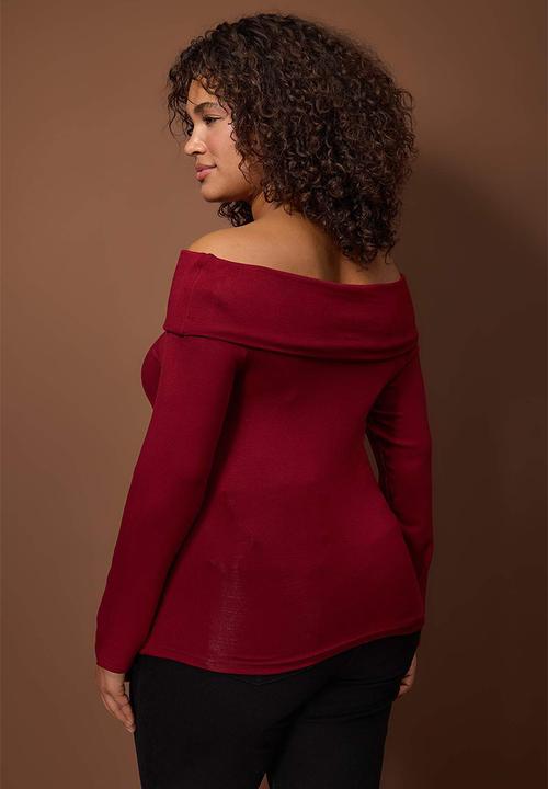Trendyol - Plus Viscose Soft Fabric Bodycon Carmen Collar Knitted Blouse - Red