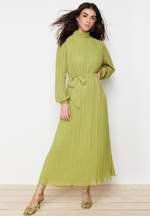 Trendyol - Pleated Woven Lined Chiffon Dress - Oil Green