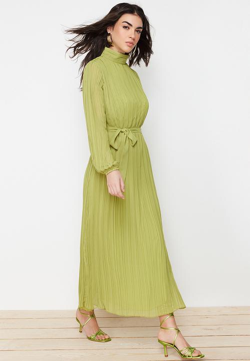 Trendyol - Pleated Woven Lined Chiffon Dress - Oil Green
