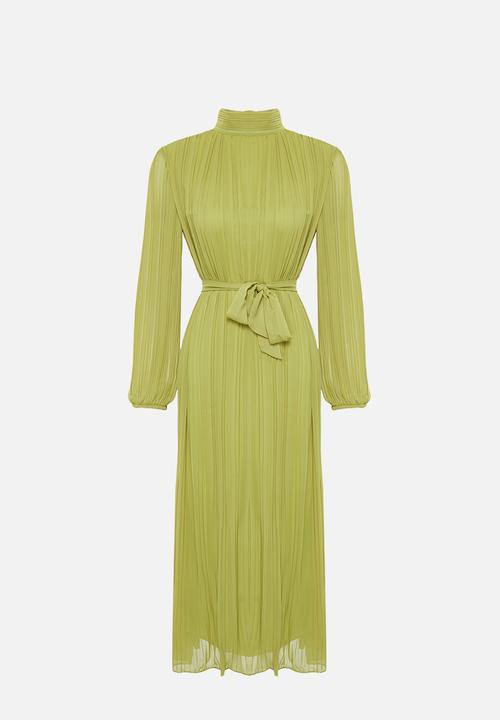 Trendyol - Pleated Woven Lined Chiffon Dress - Oil Green
