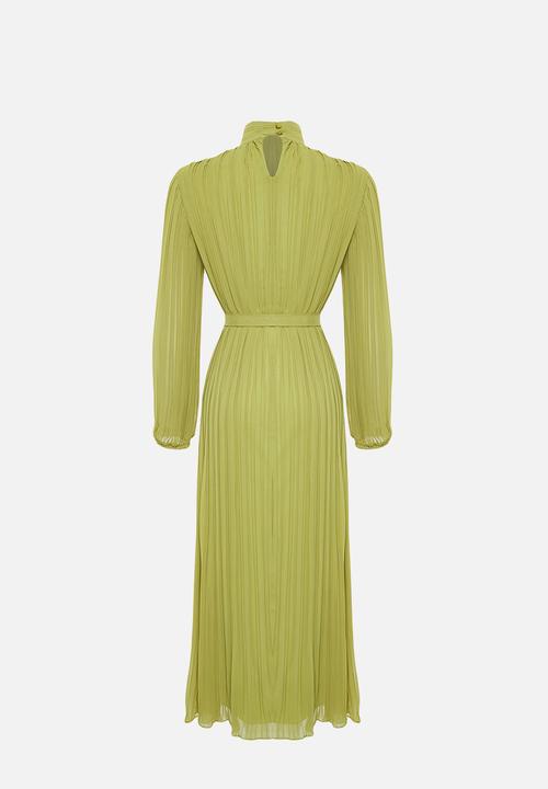 Trendyol - Pleated Woven Lined Chiffon Dress - Oil Green