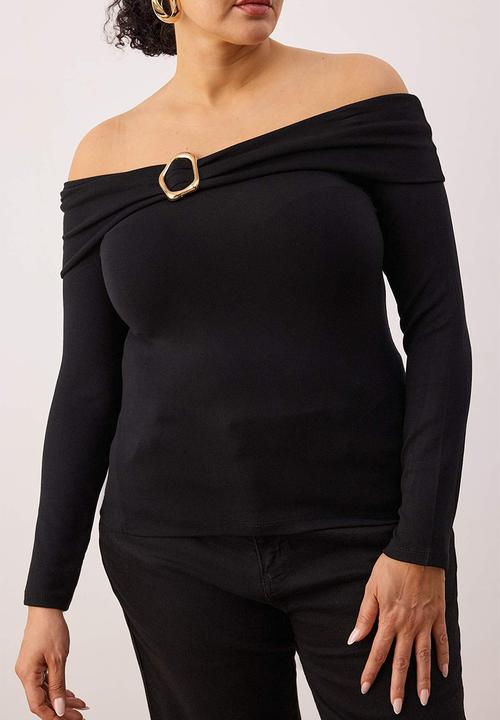 Trendyol - Plus Viscose Soft Fabric Bodycon Carmen Collar Knitted Blouse - Black