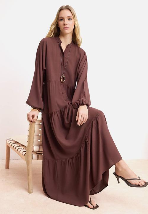 Trendyol - Plain Woven Shally Dress - Brown