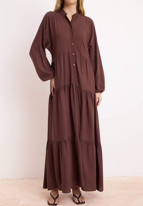 Trendyol - Plain Woven Shally Dress - Brown