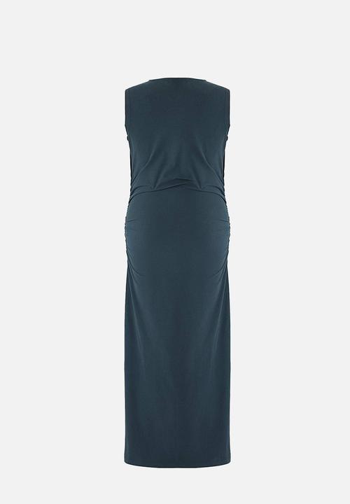 Trendyol - Plus Double Breasted Collar Side Gathered Knitted Dress - Petrol