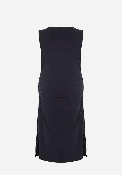 Trendyol - Plus Double Breasted Collar Side Gathered Knitted Maxi Dress - Black