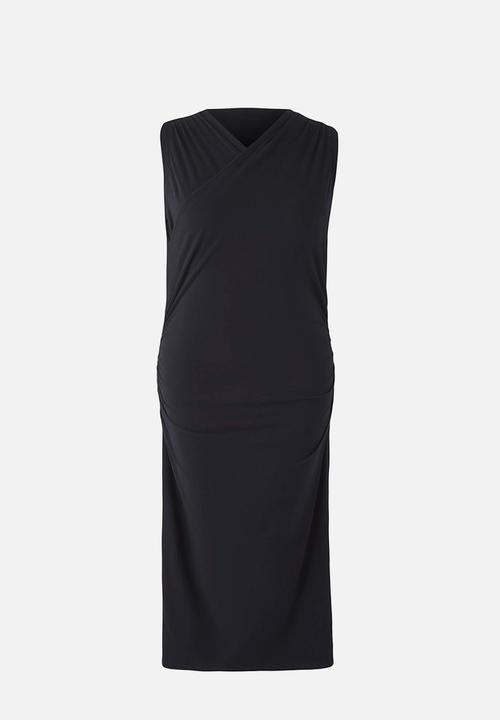 Trendyol - Plus Double Breasted Collar Side Gathered Knitted Maxi Dress - Black