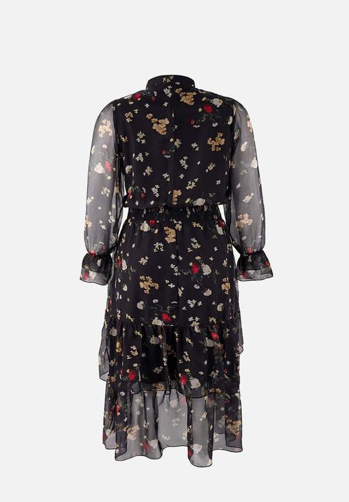 Trendyol - Plus Halter Shawl Pattern Chiffon Woven Winter Dress - Black
