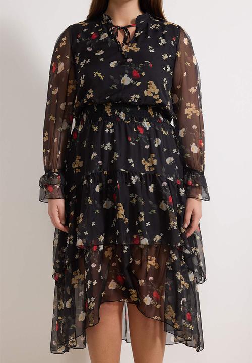 Trendyol - Plus Halter Shawl Pattern Chiffon Woven Winter Dress - Black