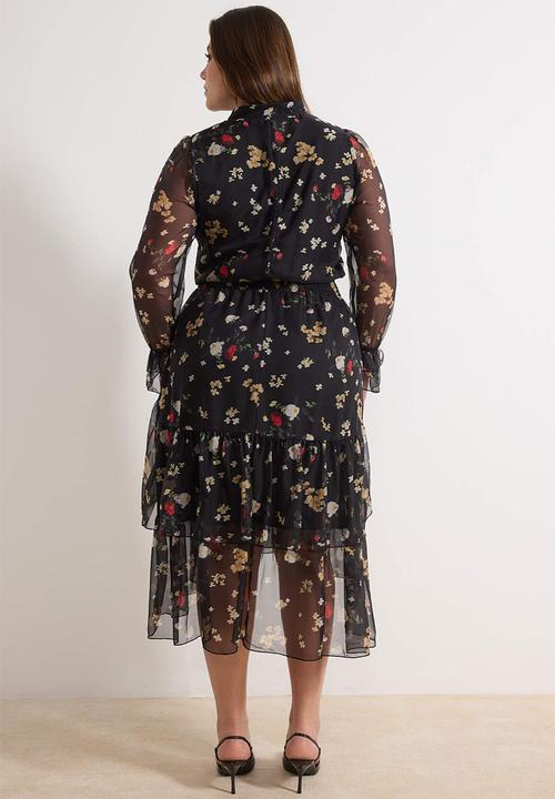 Trendyol - Plus Halter Shawl Pattern Chiffon Woven Winter Dress - Black
