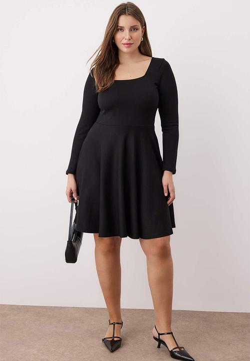 Trendyol - Plus Square Collar Skater Mini Knitted Dress - Black