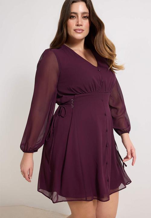Trendyol - Plus Eyelet Detailed Buttoned Lined Chiffon Woven Dress - Plum