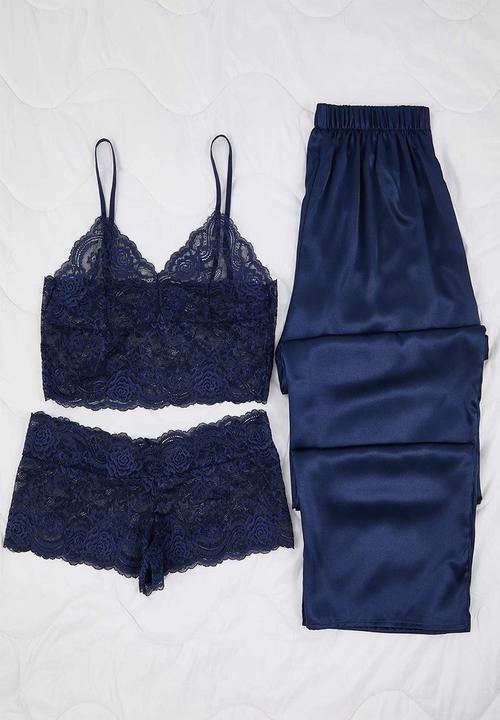 Trendyol - Plus 3-Piece Dowry Set Top Lace Bottom Satin Pajama Set - Navy Blue