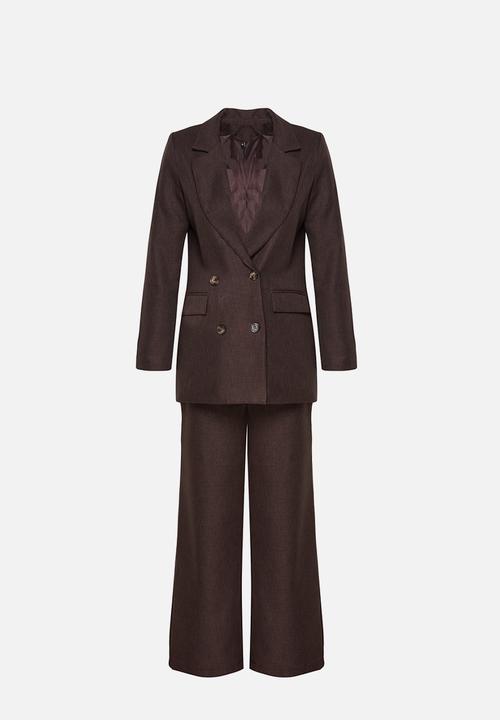 Trendyol - Linen-Textured Jacket and Trousers Set - Brown