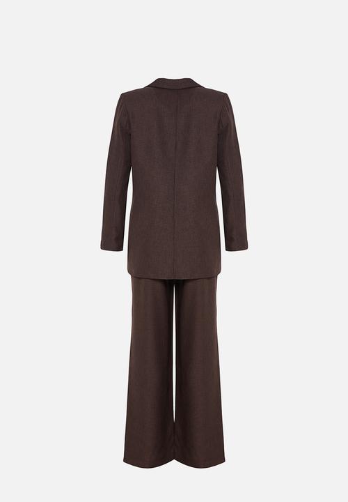 Trendyol - Linen-Textured Jacket and Trousers Set - Brown