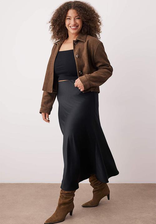 Trendyol - Plus Midi Length Satin Woven Skirt - Black