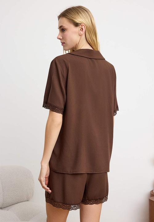 Trendyol - Lace viscose shorts woven pajamas set - brown